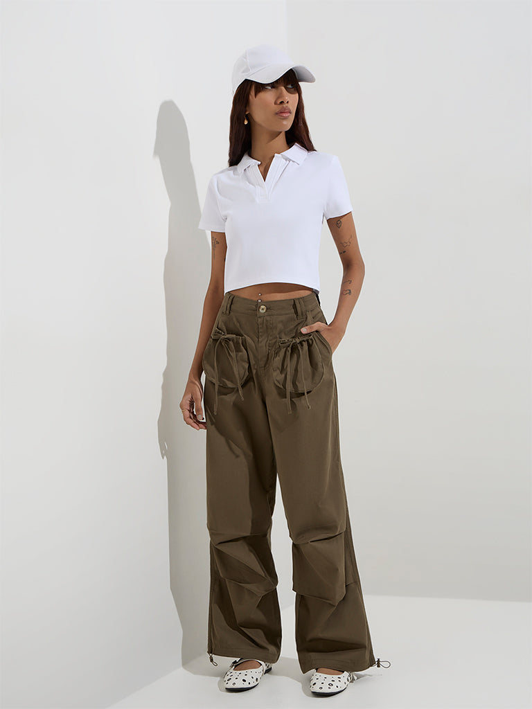Nuon White Cotton-Blend Polo T-Shirt