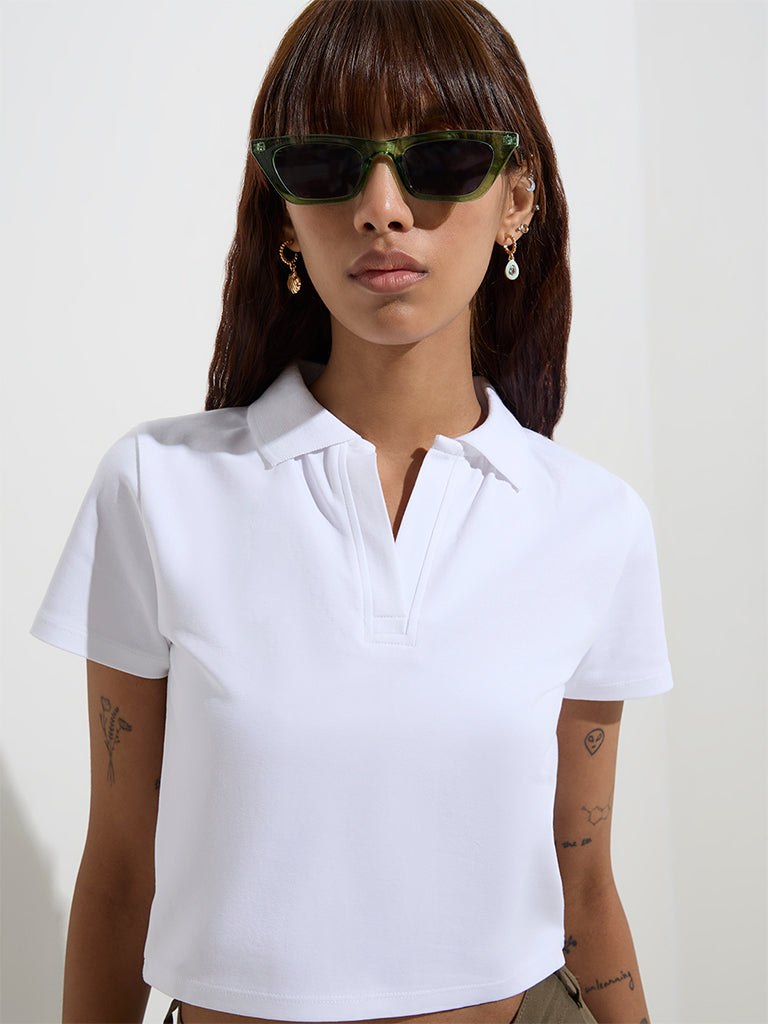 Nuon White Cotton-Blend Polo T-Shirt