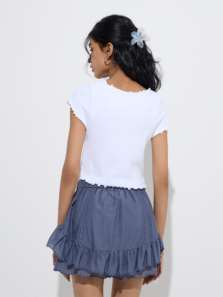 westisde Nuon Women's White Ribbed-Textured Cotton Top for Casual Wear Back View