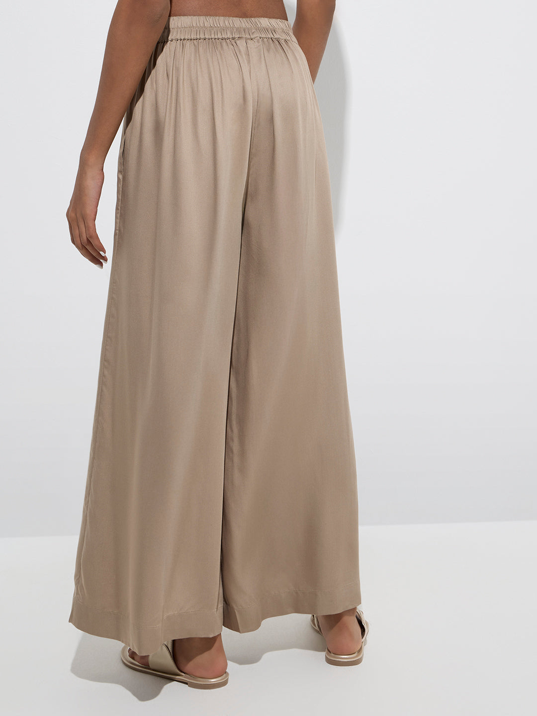 Westside Zuba Women's Beige Solid Palazzos for Work Wear Back View