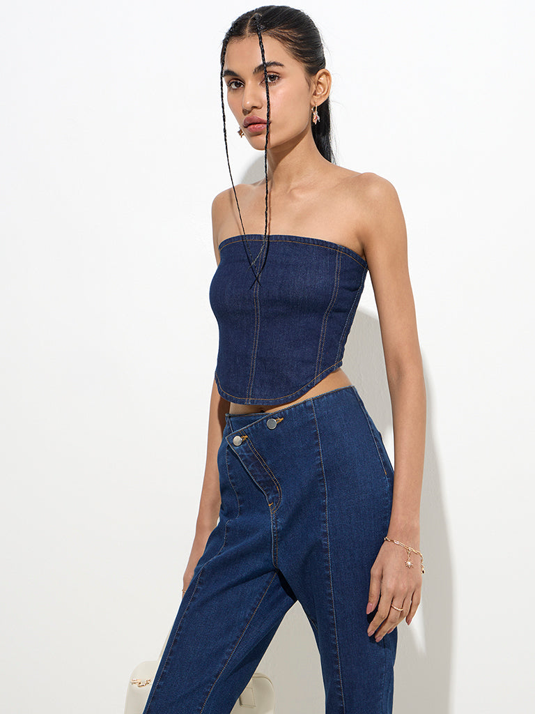Nuon Dark Blue Corset-Style Denim Tube Top