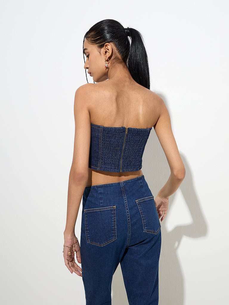 westisde Nuon Women's Dark Blue Corset-Style Denim Tube Top for Casual Wear Back View