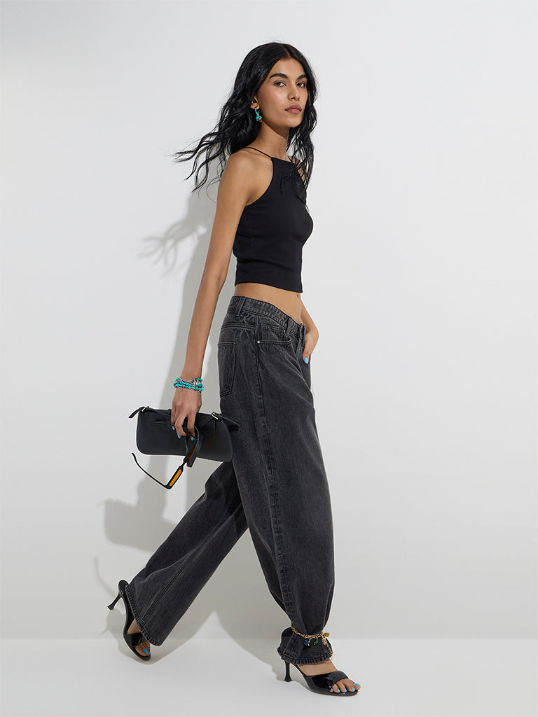 Nuon Black Ribbed-Textured Cotton-Blend Top