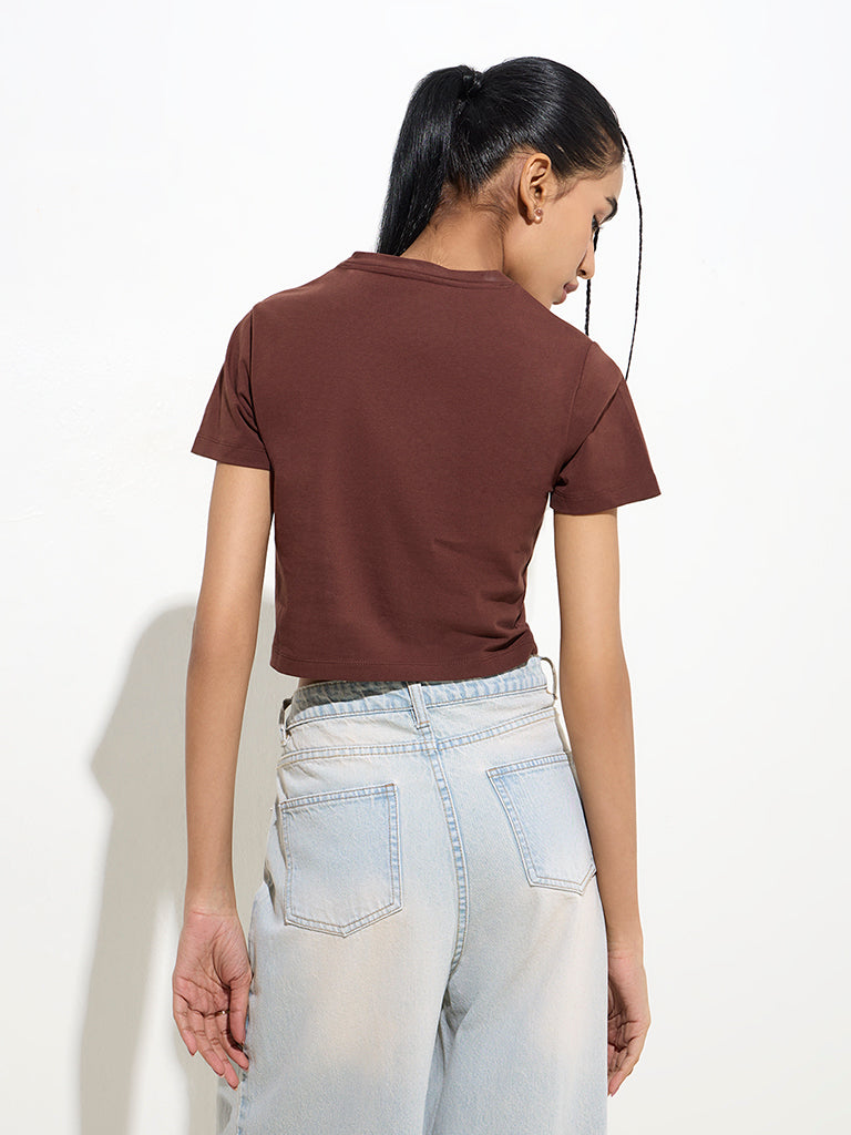 Nuon Brown Solid Cotton-Blend T-Shirt