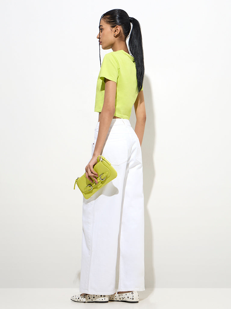 westisde Nuon Women's Lime Solid Cotton-Blend T-Shirt for Casual Wear Back View