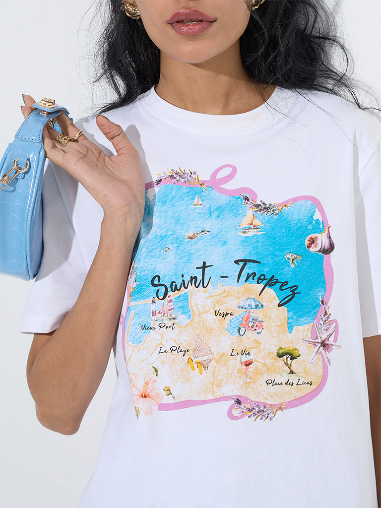 Nuon White Beach-Inspired Cotton T-Shirt