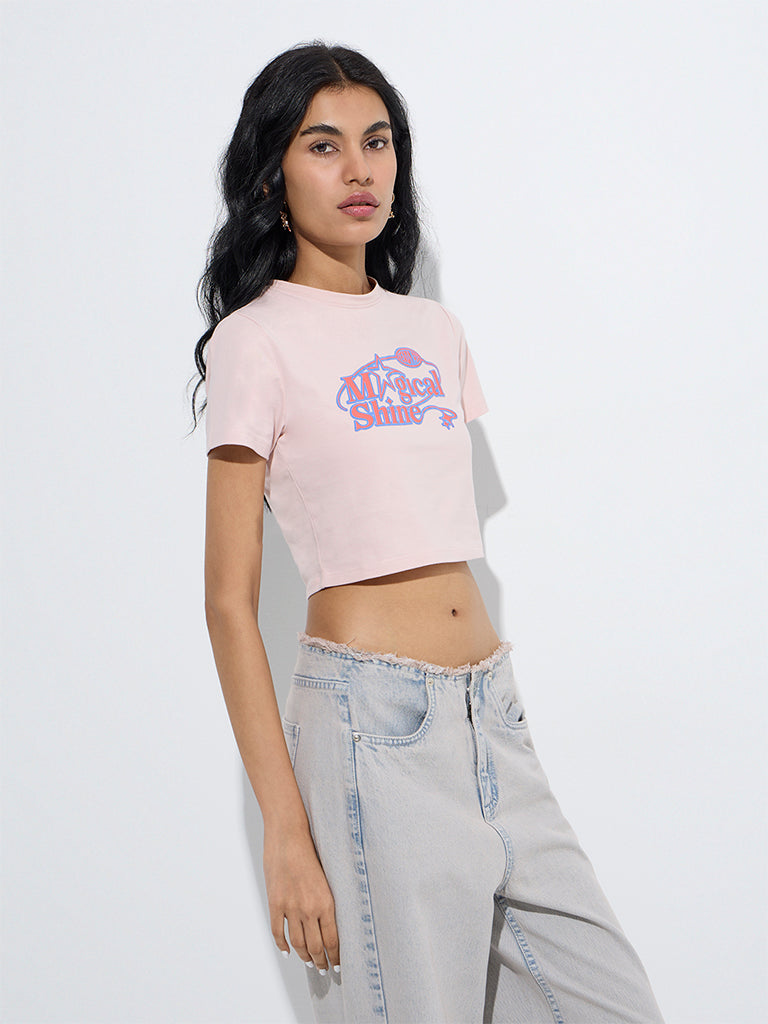 Nuon Light Pink Typographic Cotton T-Shirt