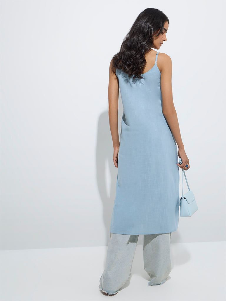 westisde Utsa Women's Light Blue Floral Embroidered Cotton A-Line Kurta for Work Wear Back View