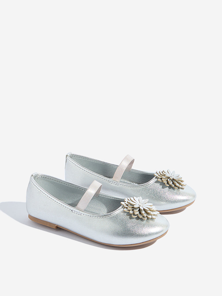 Westside Yellow Kids Silver Floral Applique Mary Jane Shoes for Casual Wear Front View