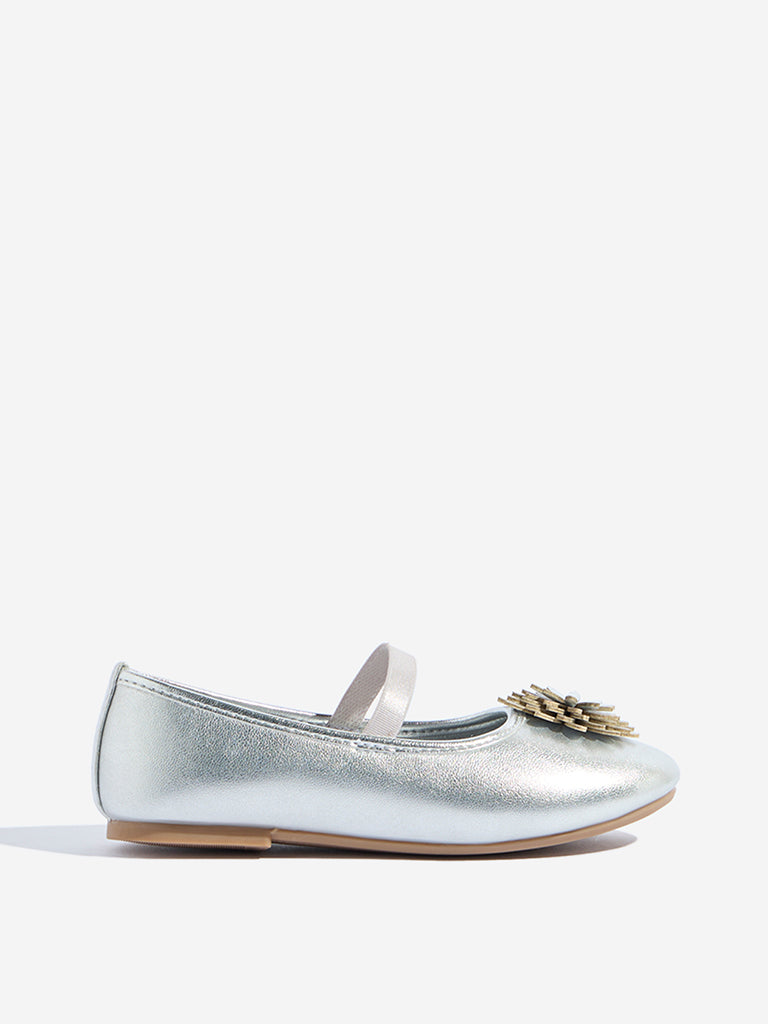 Westside Yellow Kids Silver Floral Applique Mary Jane Shoes for Casual Wear Side View