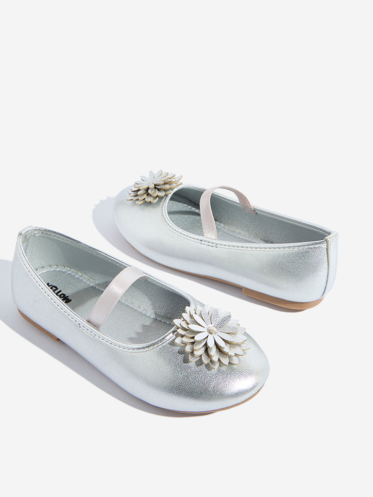 Westside Yellow Kids Silver Floral Applique Mary Jane Shoes for Casual Wear Zoomed View
