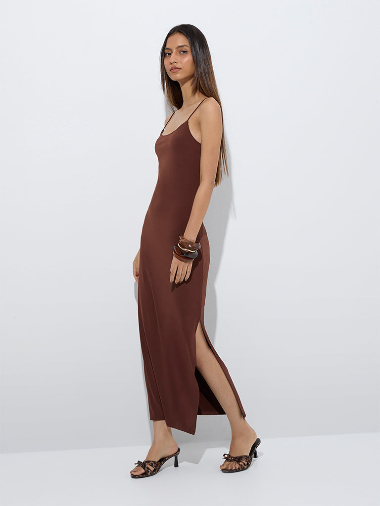 Nuon Brown Solid Straight Slip Dress