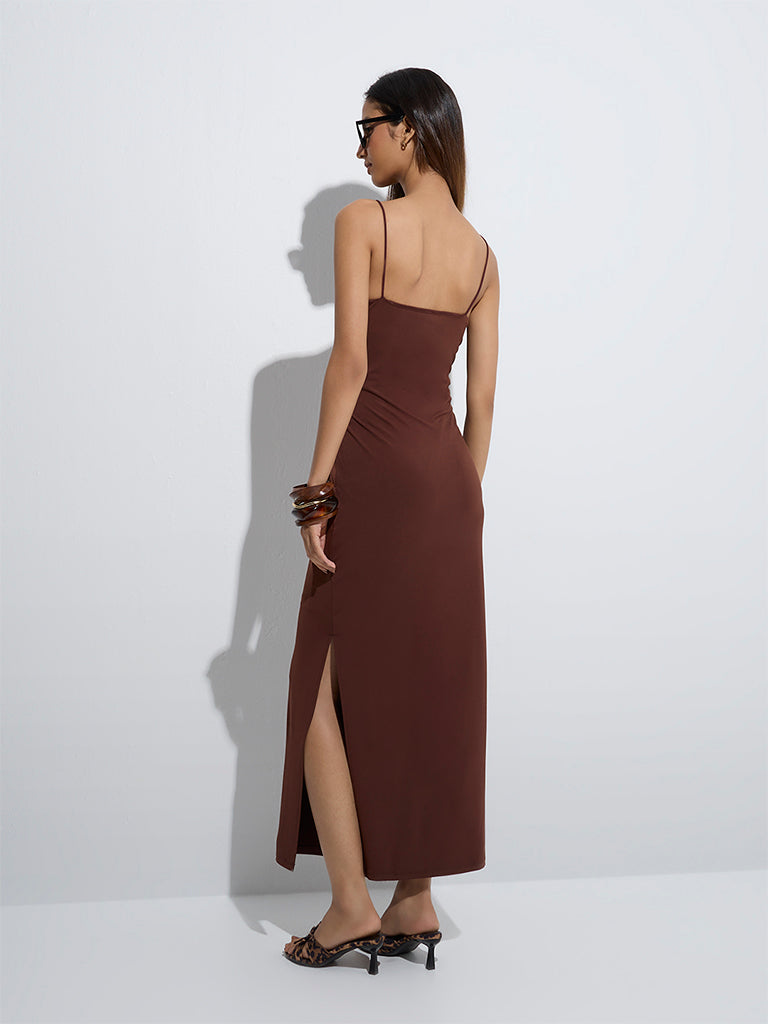westisde Nuon Women's Brown Solid Straight Slip Dress for Casual Wear Back View