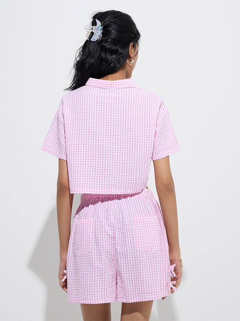 westisde Nuon Women's Pink Gingham Checks Design Cotton Shirt for Casual Wear Back View