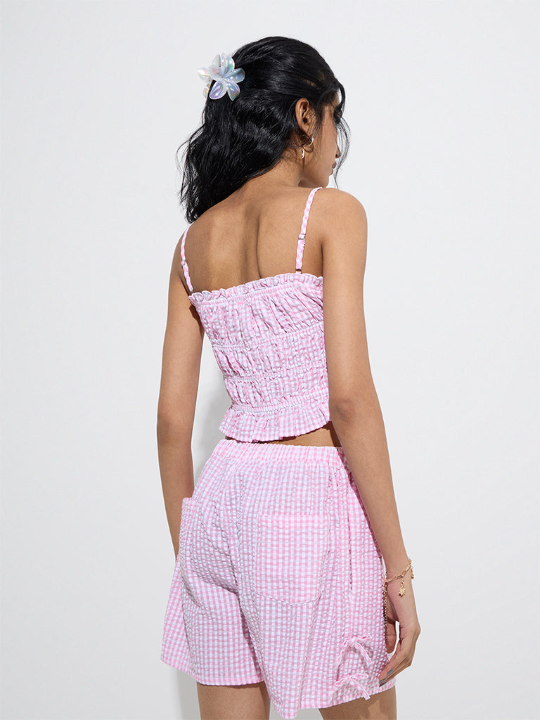 westisde Nuon Women's Pink Gingham Checks Design Cotton Top for Casual Wear Back View