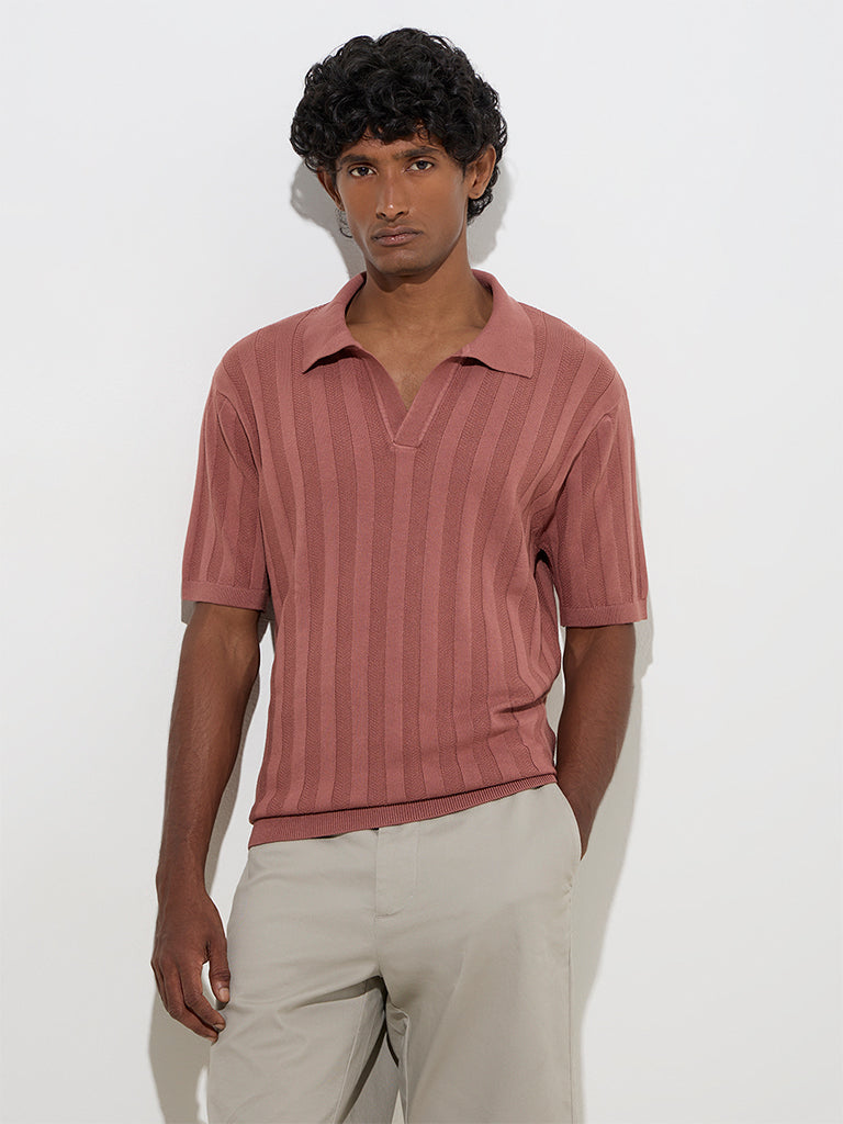 Ascot Dusty Pink Self-Striped Relaxed-Fit Polo T-Shirt