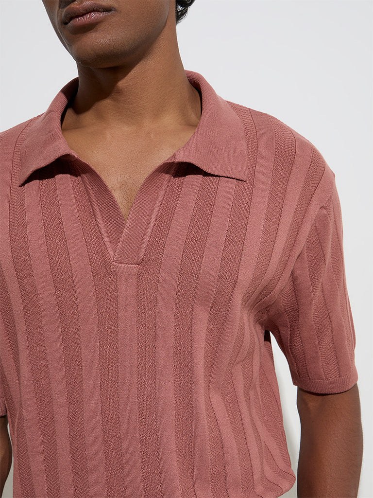 Ascot Dusty Pink Self-Striped Relaxed-Fit Polo T-Shirt
