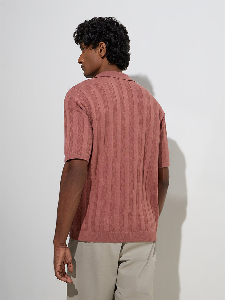 westisde Ascot Men's Dusty Pink Self-Striped Relaxed-Fit Polo T-Shirt for Casual Wear Back View