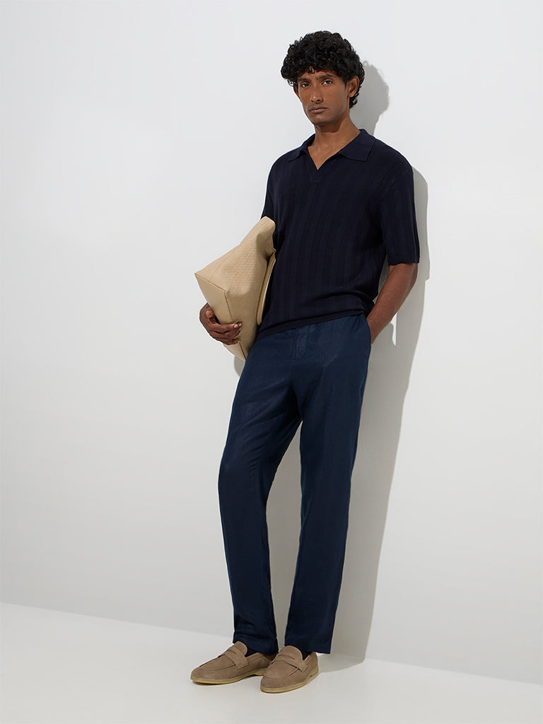Ascot Navy Self-Striped Relaxed-Fit Polo T-Shirt
