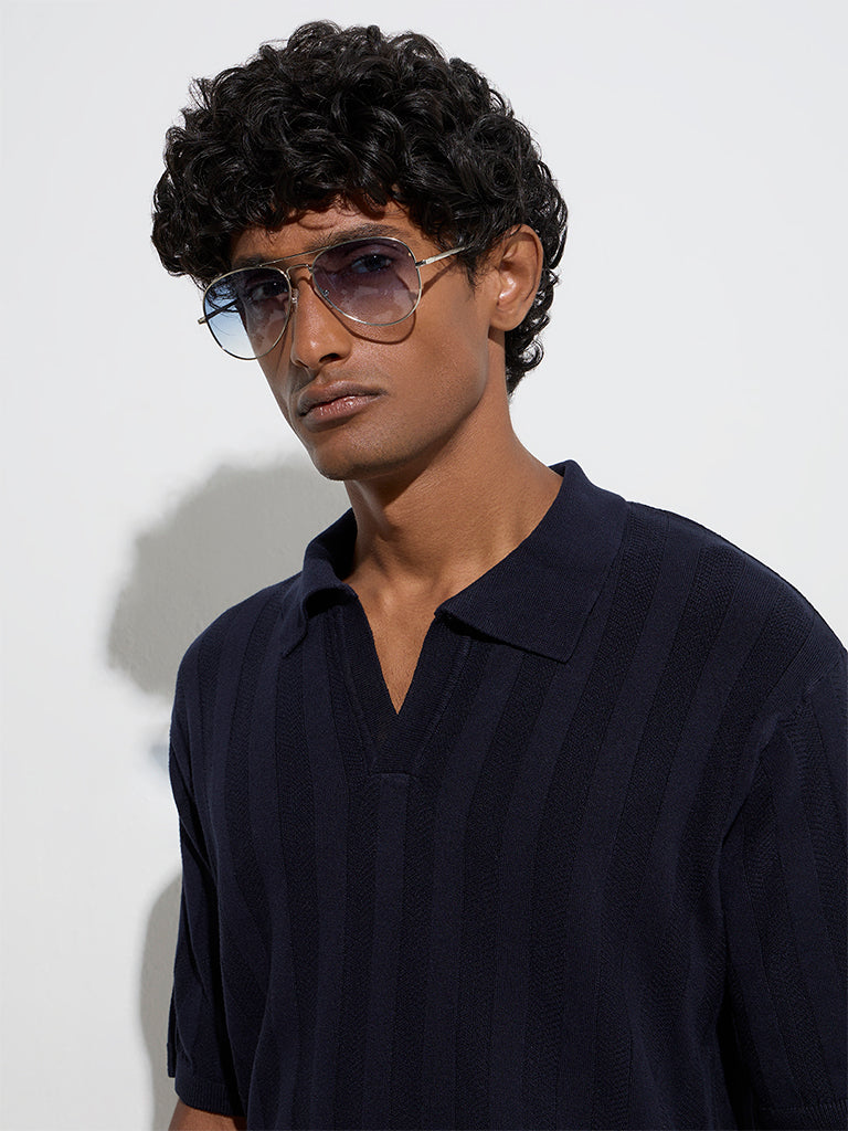 Ascot Navy Self-Striped Relaxed-Fit Polo T-Shirt