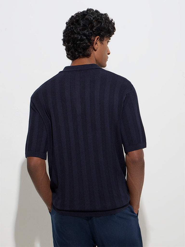 Ascot Navy Self-Striped Relaxed-Fit Polo T-Shirt