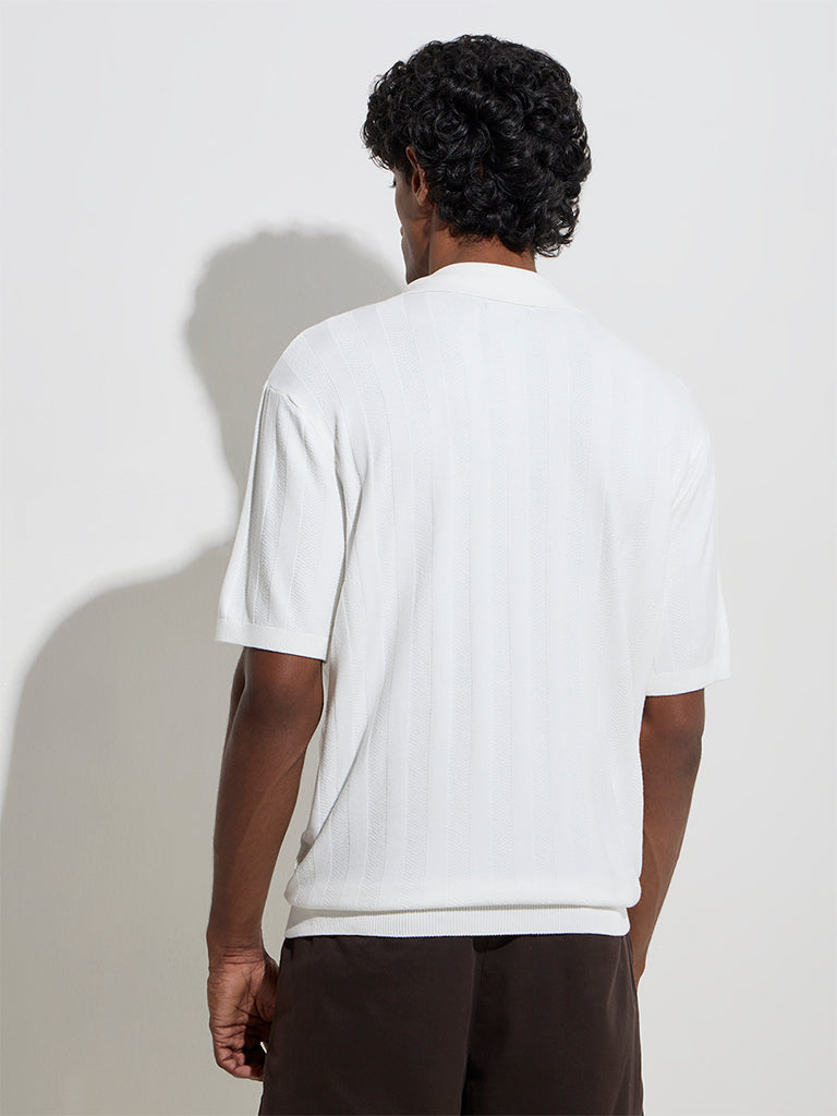 Ascot White Self-Striped Relaxed-Fit Polo T-Shirt