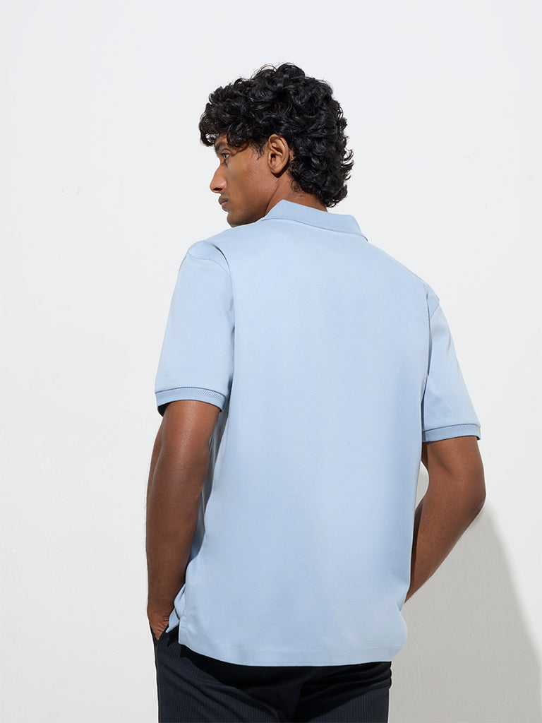 Westside WES Formals Men's Dusty Blue Slim-Fit Cotton Polo T-Shirt for Work Wear Back View