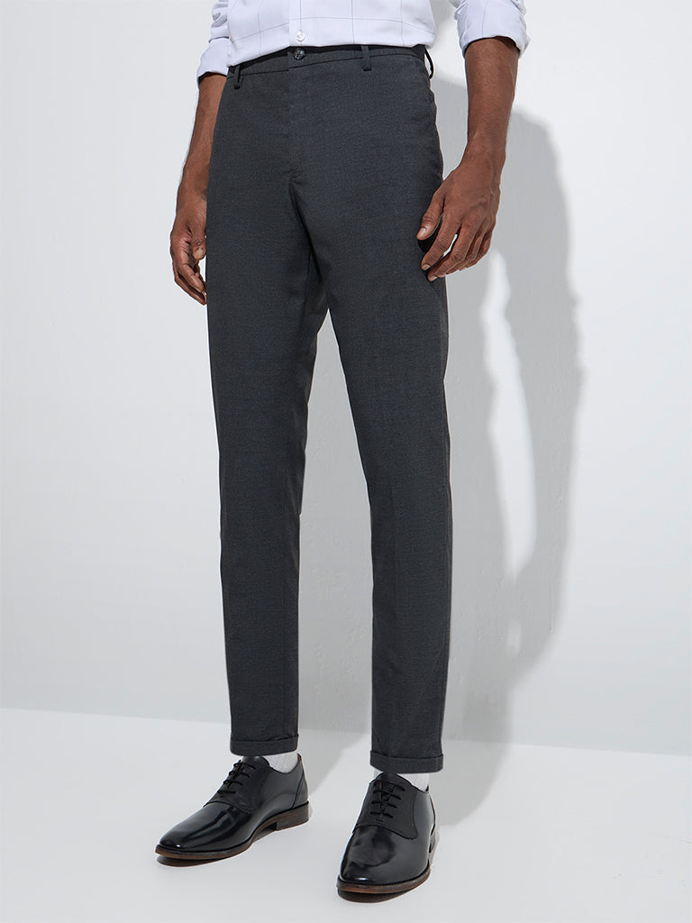 Westside WES Formals Men's Charcoal Relaxed-Fit Mid-Rise Trousers for Casual Wear Front View