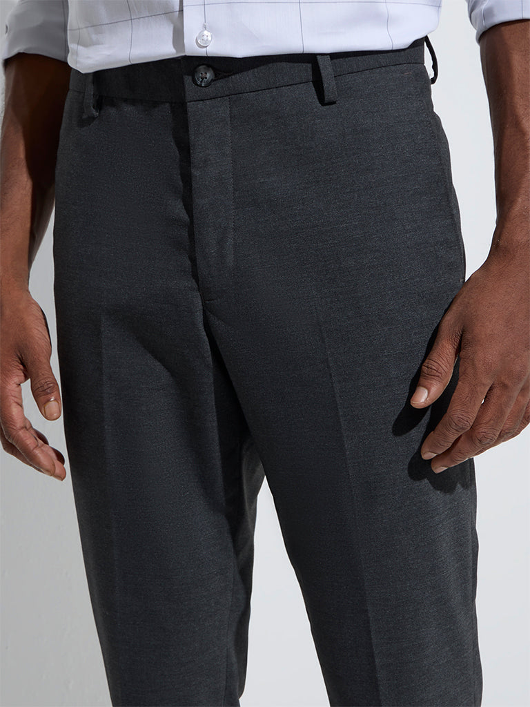 Westside WES Formals Men's Charcoal Relaxed-Fit Mid-Rise Trousers for Casual Wear Zoom View