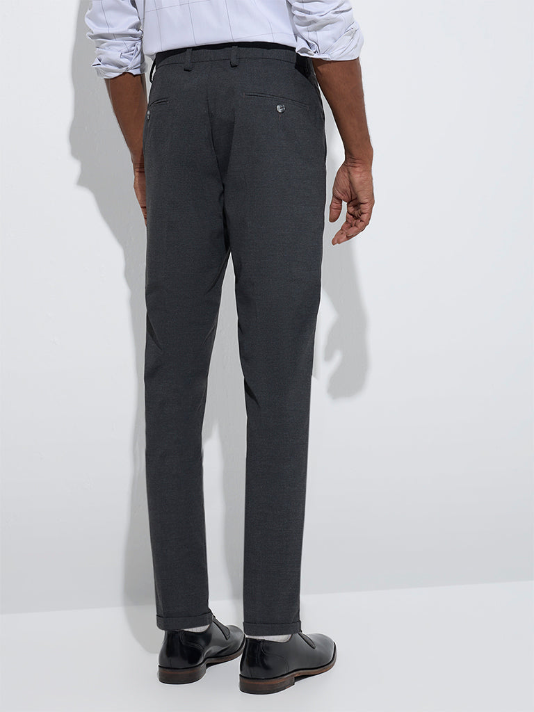 Westside WES Formals Men's Charcoal Relaxed-Fit Mid-Rise Trousers for Casual Wear Back View