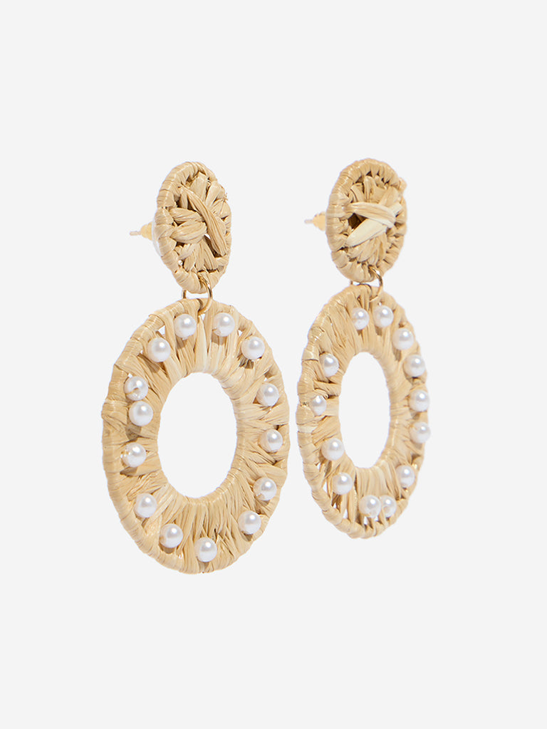 Westside Accessories Beige Raffia Double Circle Pearl Raffia Earrings