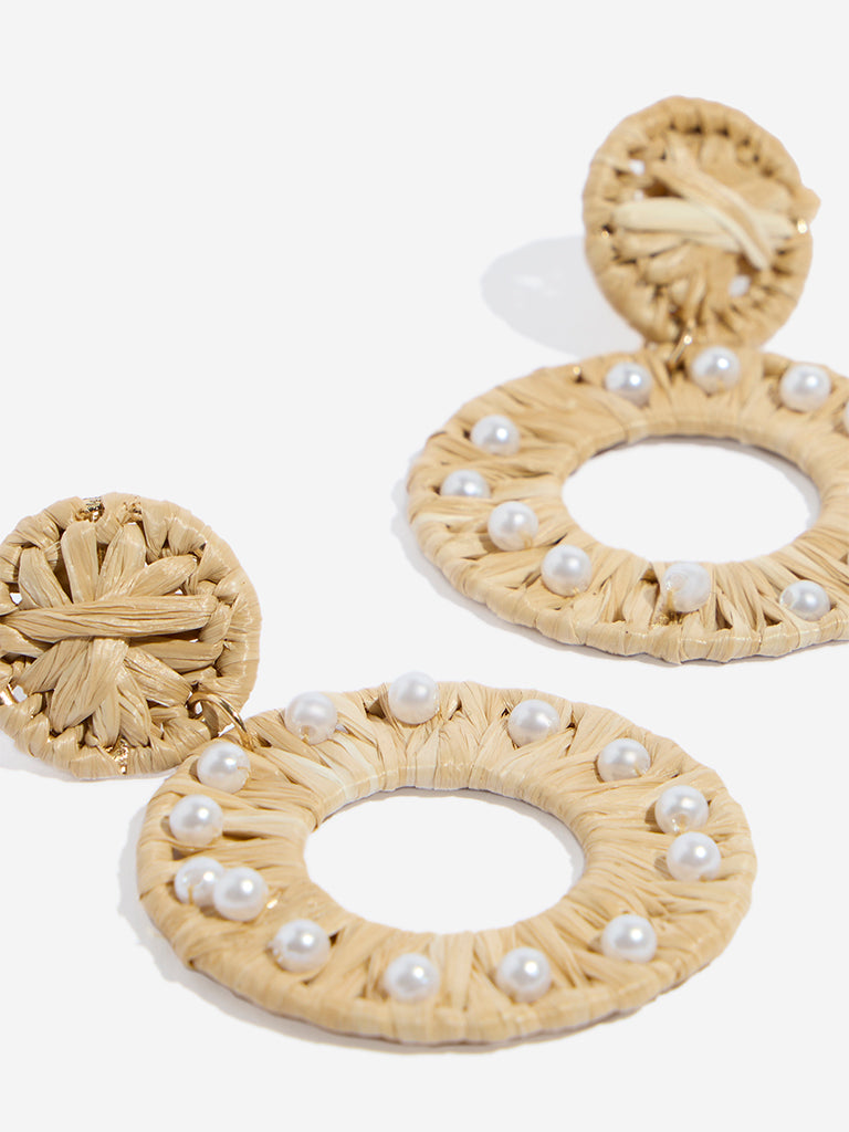 Westside Accessories Beige Raffia Double Circle Pearl Raffia Earrings