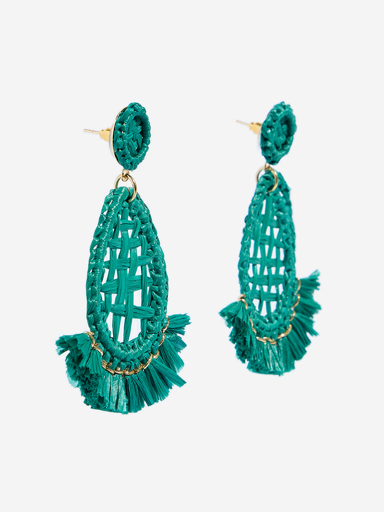 Westside Accessories Aqua Tear-Drop Frill Raffia Earrings