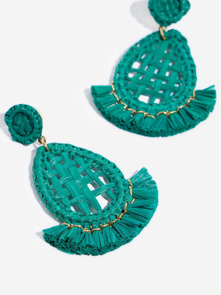 Westside Accessories Aqua Tear-Drop Frill Raffia Earrings