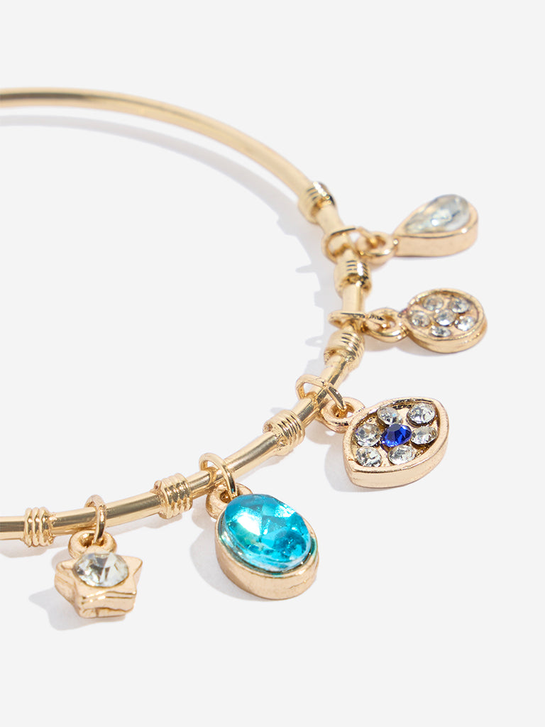 Westside Accessories Gold & Blue Charms-Detailed Open Cuff Bracelet