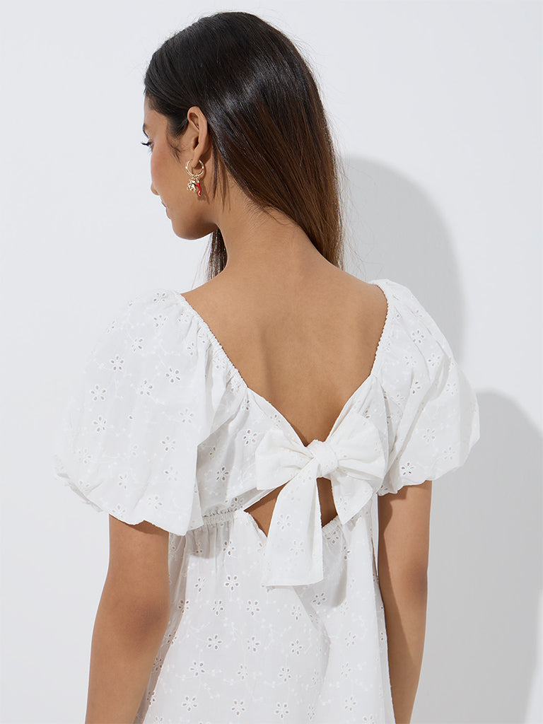 westisde Nuon Women's White Schiffli Detailed A-Line Cotton Dress for Casual Wear Zoom View