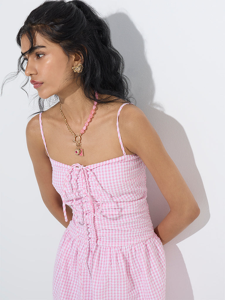 Nuon Pink Gingham Checkered Drop-Waist Cotton Dress