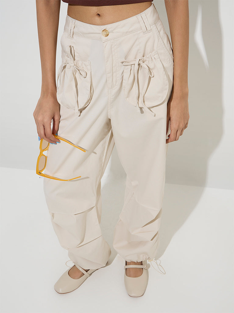 Nuon Beige Mid-Rise Cotton-Blend Pants