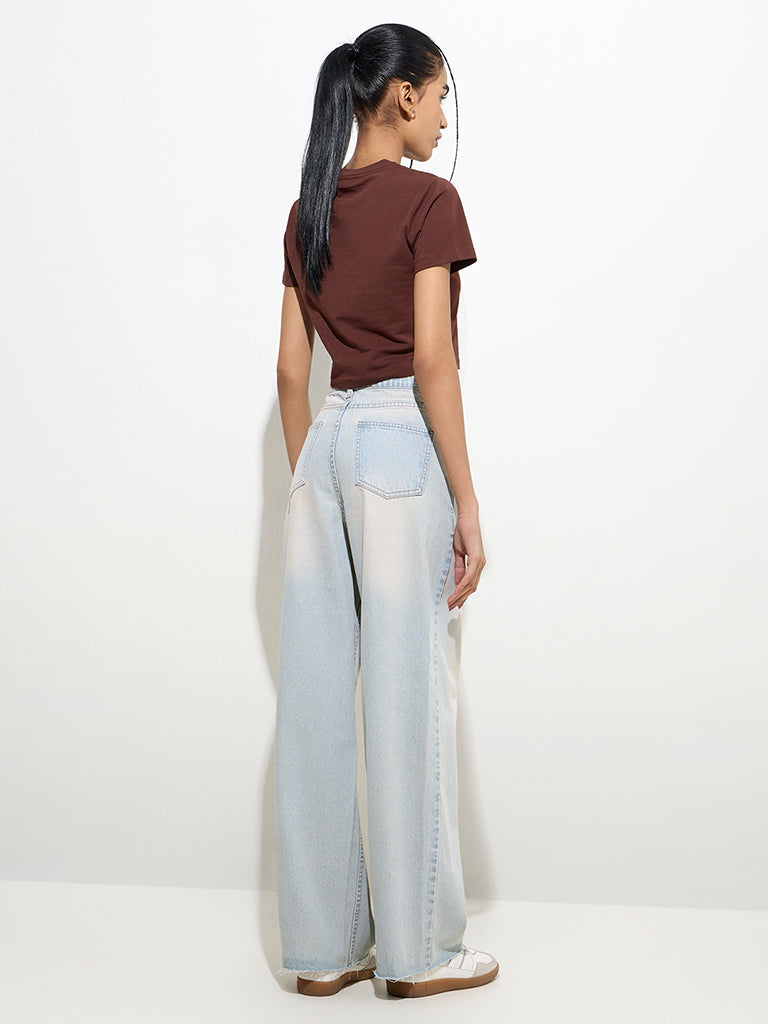 westisde Nuon Women's Light Blue Washed Relaxed-Fit High-Rise Jeans for Casual Wear Back View