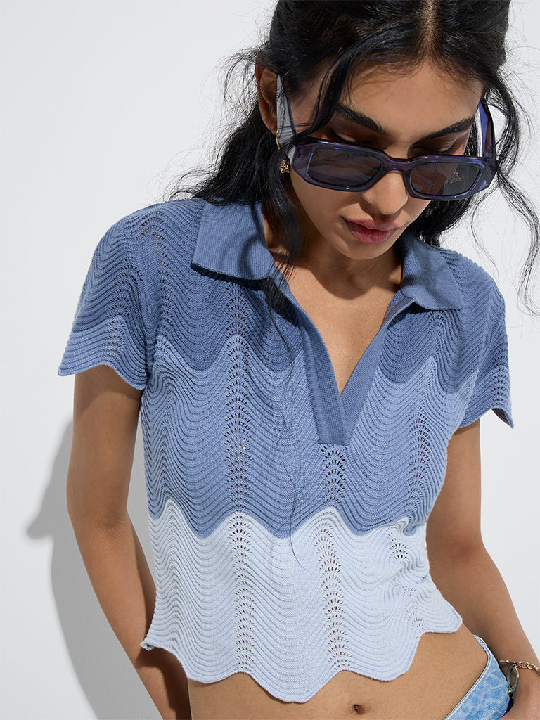 Nuon Dusty Blue Colour-Blocked Knitted Cotton Top