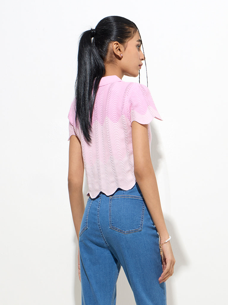 westisde Nuon Women's Pink Knit-Textured Cotton Top for Casual Wear Back View