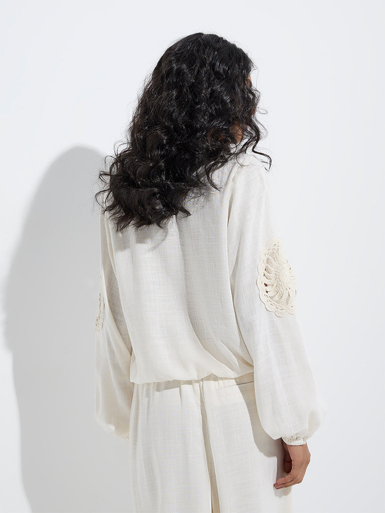 westisde LOV Women's Off-White Crochet-Detailed Blouse for Casual Wear Back View