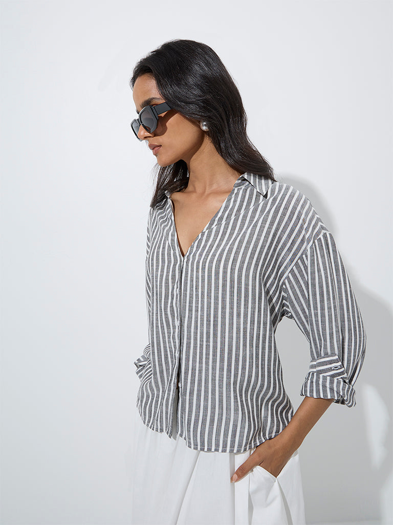 LOV Dark Grey Stripe Printed Shirt