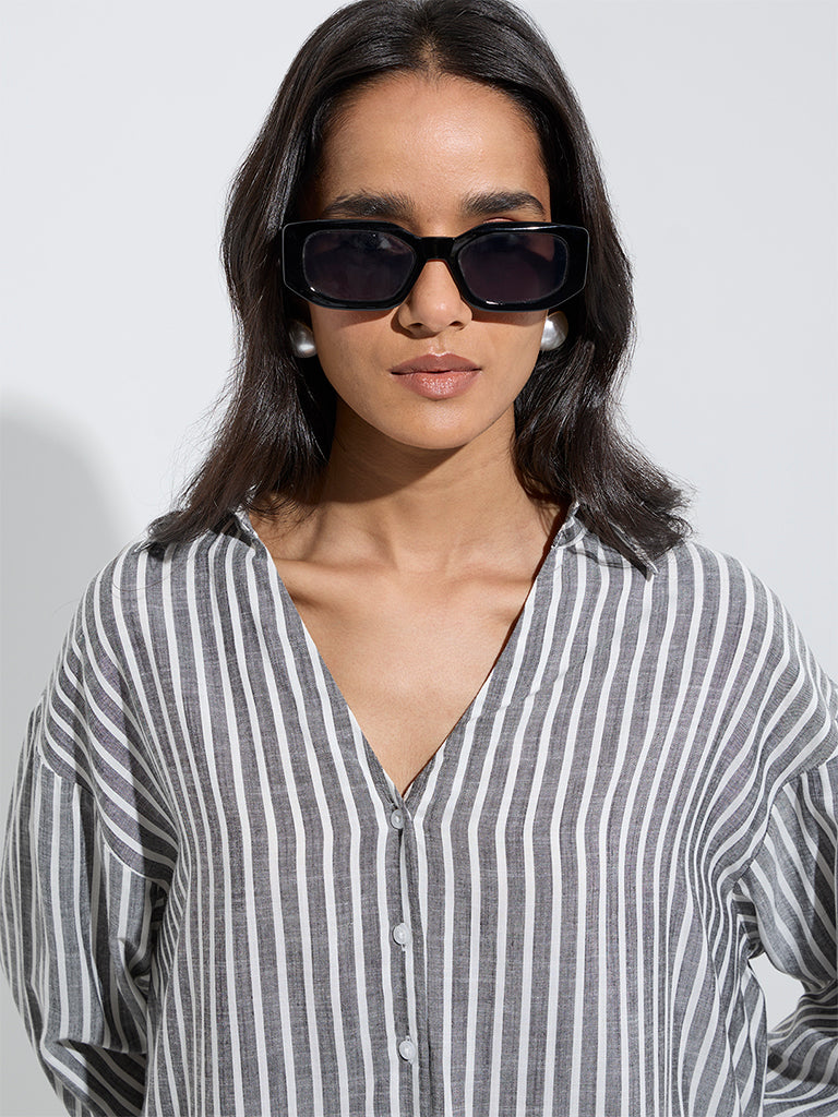 LOV Dark Grey Stripe Printed Shirt