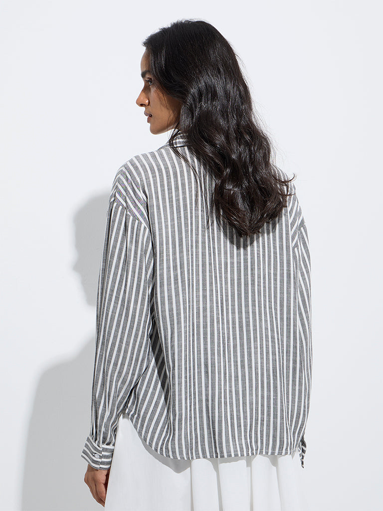 westisde LOV Women's Dark Grey Stripe Printed Shirt for Casual Wear Back View