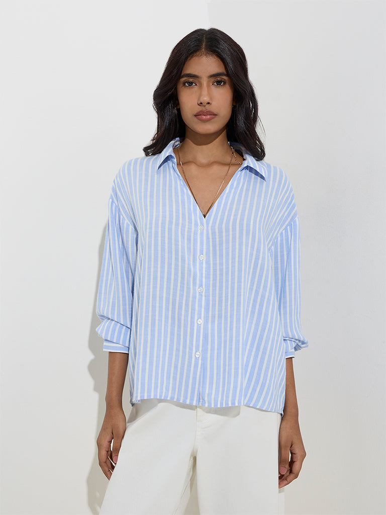 LOV Blue Stripe Printed Shirt