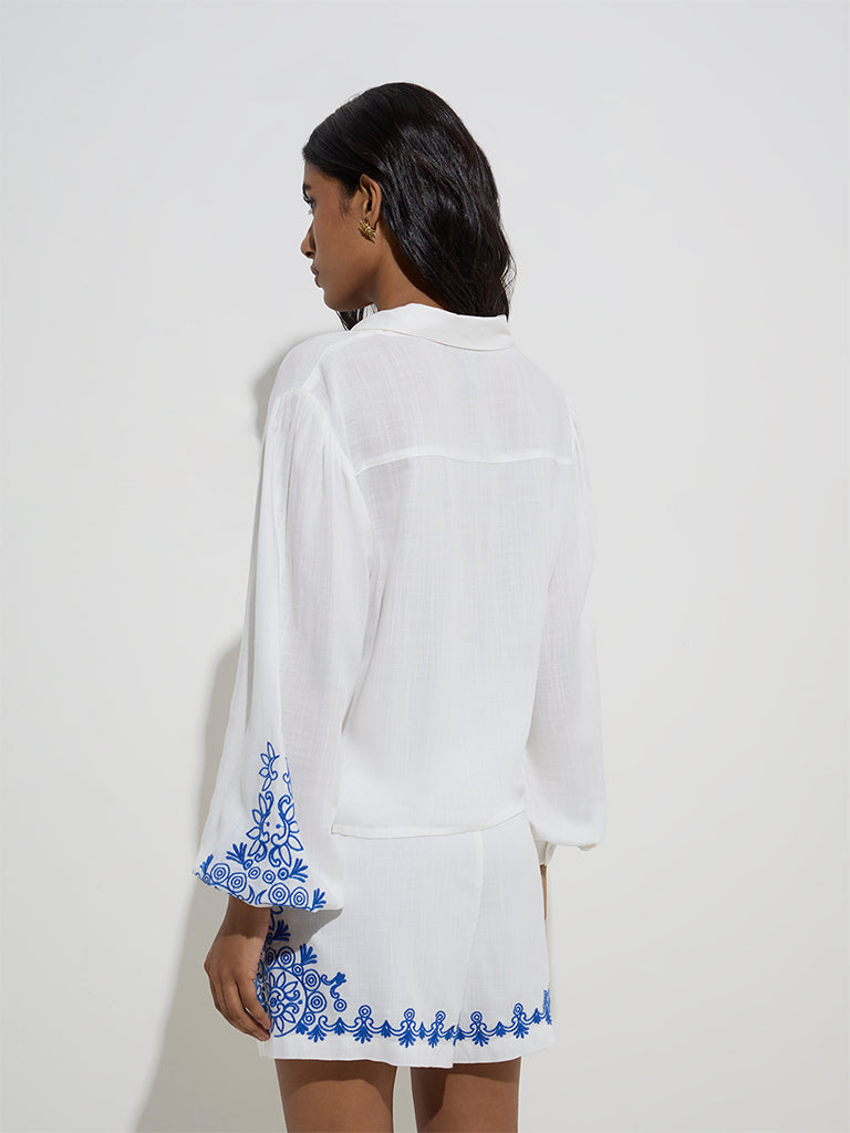 westisde LOV Women's Off-White Embroidered Cotton-Blend Shirt for Casual Wear Back View