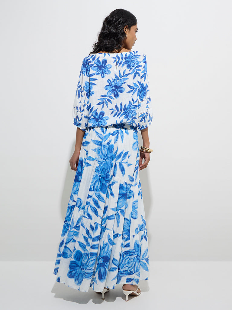 westisde LOV Women's Blue Foliage-Inspired Top for Casual Wear Back View