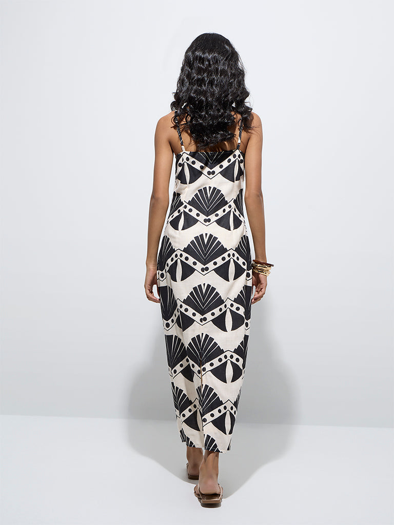 westisde LOV Women's Beige Seashell Printed Straight Cotton-Blend Dress for Casual Wear Back View