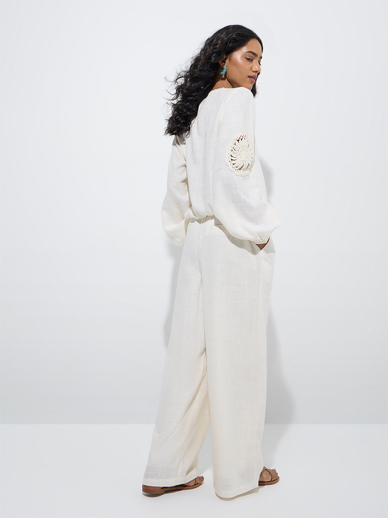 westisde LOV Women's Off-White High-Rise Trousers for Casual Wear Back View